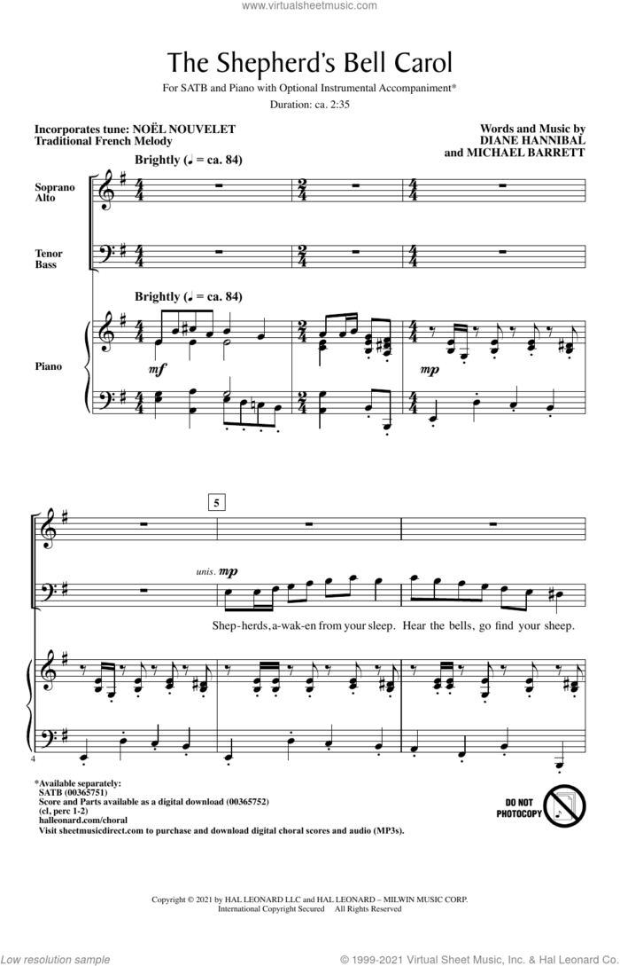 The Shepherd's Bell Carol sheet music for choir (SATB: soprano, alto, tenor, bass) by Michael Barrett, Diane Hannibal and Diane Hannibal and Michael Barrett, intermediate skill level