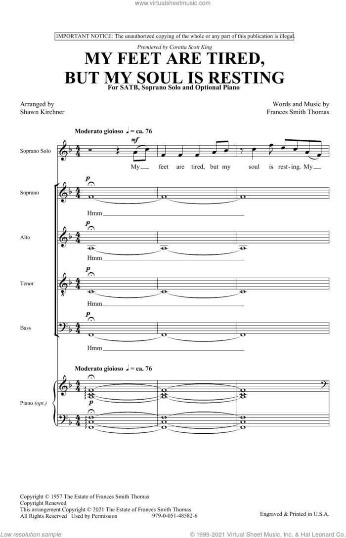 My Feet Are Tired, But My Soul Is Resting (arr. Shawn Kirchner) sheet music for choir (SATB: soprano, alto, tenor, bass) by Frances Smith Thomas and Shawn Kirchner, intermediate skill level
