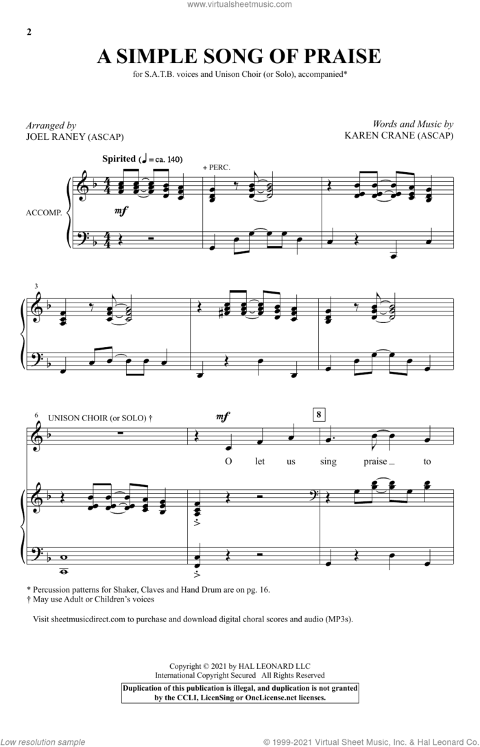 A Simple Song Of Praise (arr. Joel Raney) sheet music for choir (SATB: soprano, alto, tenor, bass) by Karen Crane and Joel Raney, intermediate skill level