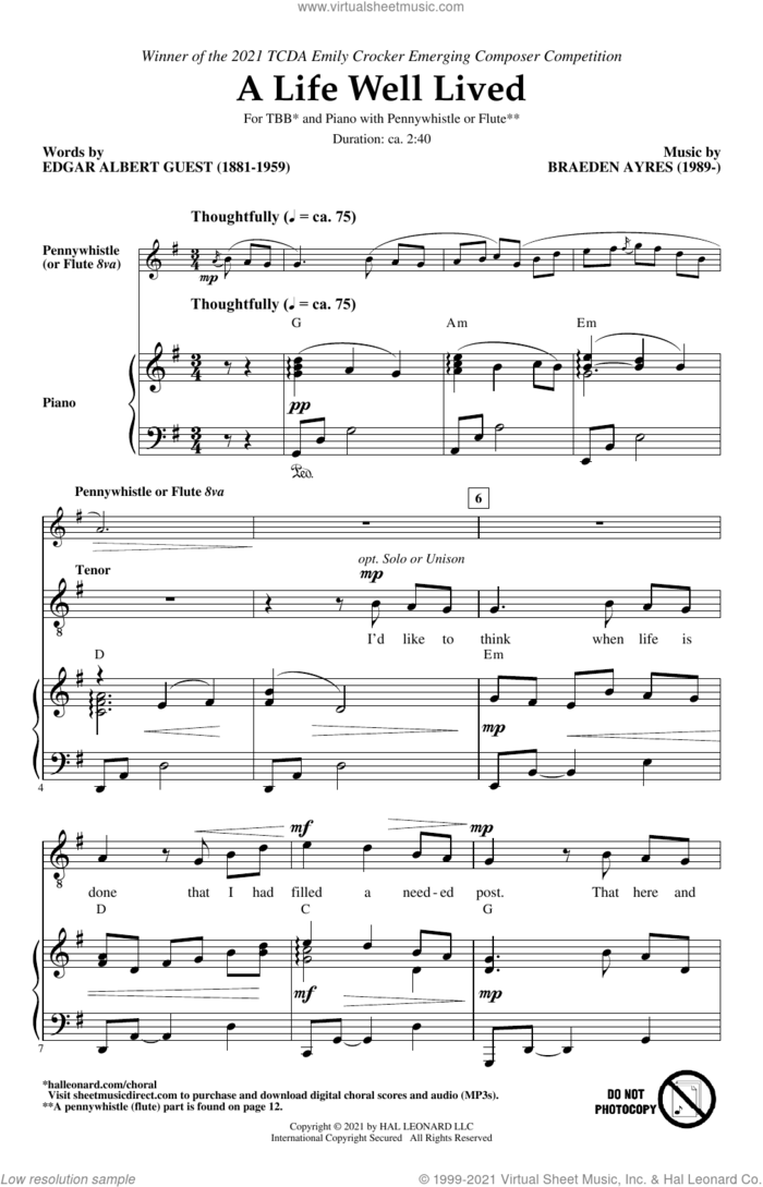 A Life Well Lived sheet music for choir (TBB: tenor, bass) by Braeden Ayres and Edgar Albert Guest, intermediate skill level