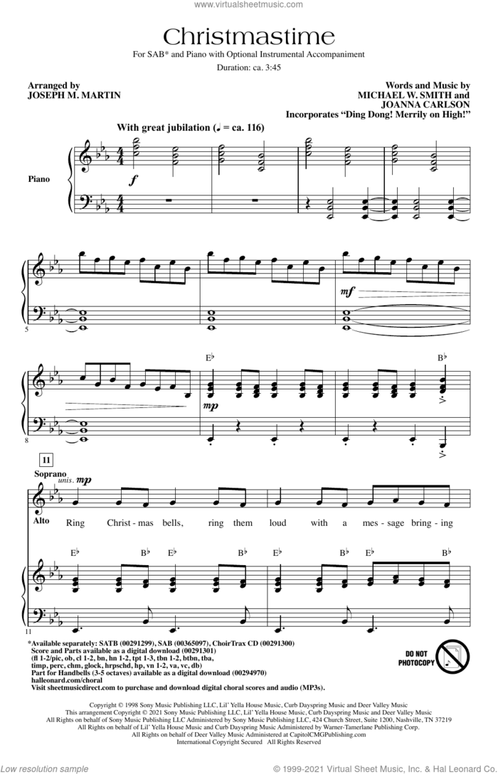 Christmastime (arr. Joseph M. Martin) sheet music for choir (SAB: soprano, alto, bass) by Michael W. Smith, Joseph M. Martin and Joanna Carlson, intermediate skill level