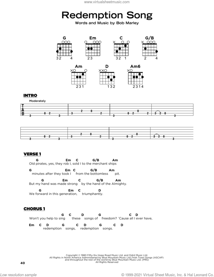 Redemption Song, (beginner) sheet music for guitar solo by Bob Marley, beginner skill level