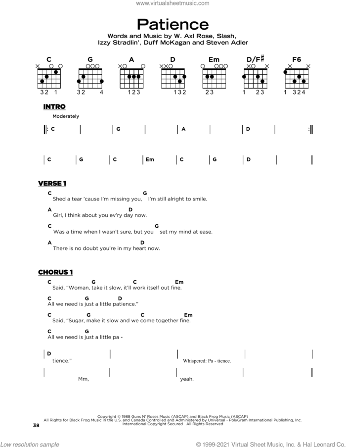Patience, (beginner) sheet music for guitar solo by Guns N' Roses, Axl Rose, Duff McKagan, Slash and Steven Adler, beginner skill level