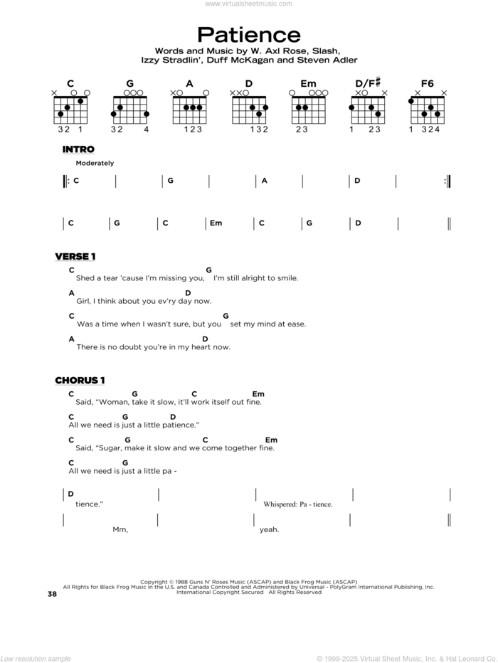 Patience, (beginner) sheet music for guitar solo by Guns N' Roses, Axl Rose, Duff McKagan, Slash and Steven Adler, beginner skill level