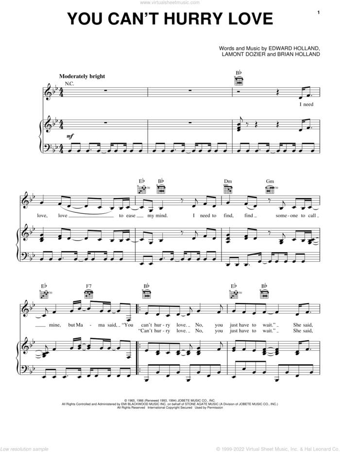 You Can't Hurry Love sheet music for voice, piano or guitar by The Supremes, Phil Collins, Brian Holland, Eddie Holland and Lamont Dozier, intermediate skill level
