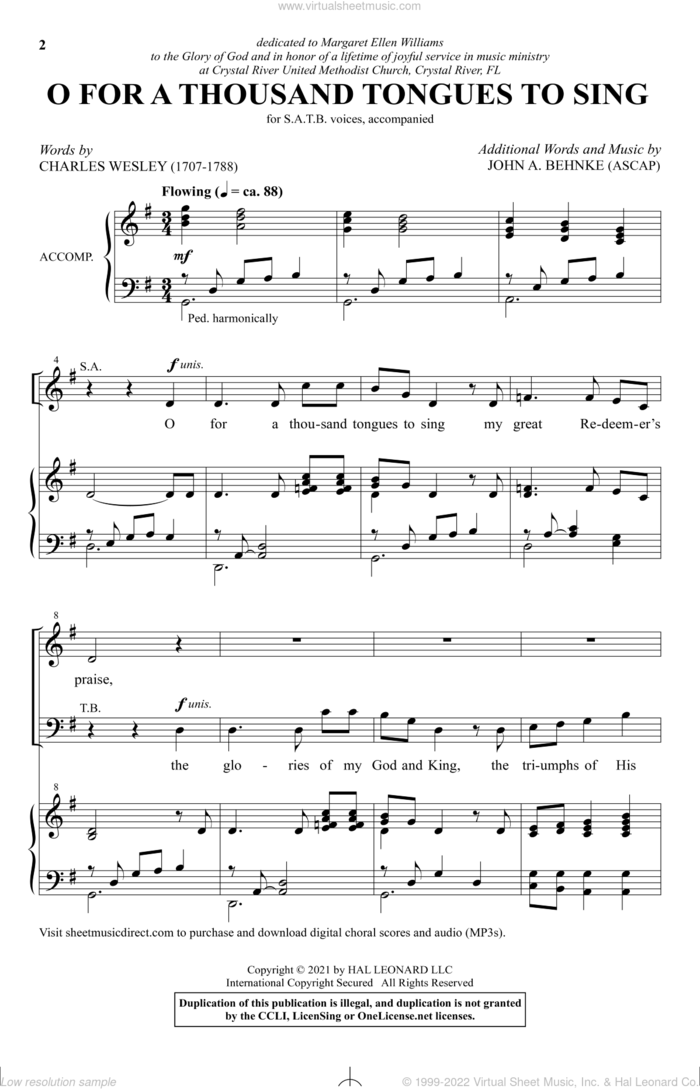 O For A Thousand Tongues To Sing sheet music for choir (SATB: soprano, alto, tenor, bass) by John A. Behnke and Charles Wesley, intermediate skill level