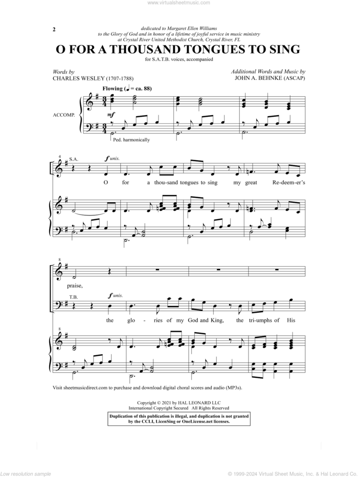 O For A Thousand Tongues To Sing sheet music for choir (SATB: soprano, alto, tenor, bass) by John A. Behnke and Charles Wesley, intermediate skill level