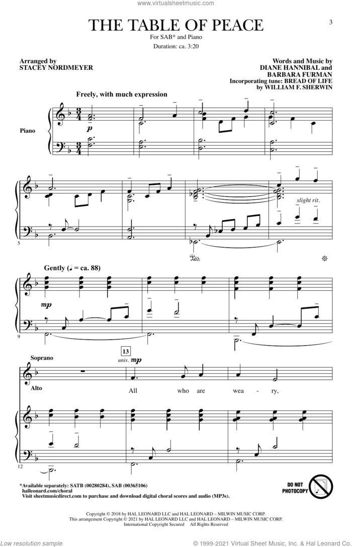 The Table Of Peace (arr. Stacey Nordmeyer) sheet music for choir (SAB: soprano, alto, bass) by Diane Hannibal, Stacey Nordmeyer, Barbara Furman and Diane Hannibal & Barbara Furman, intermediate skill level
