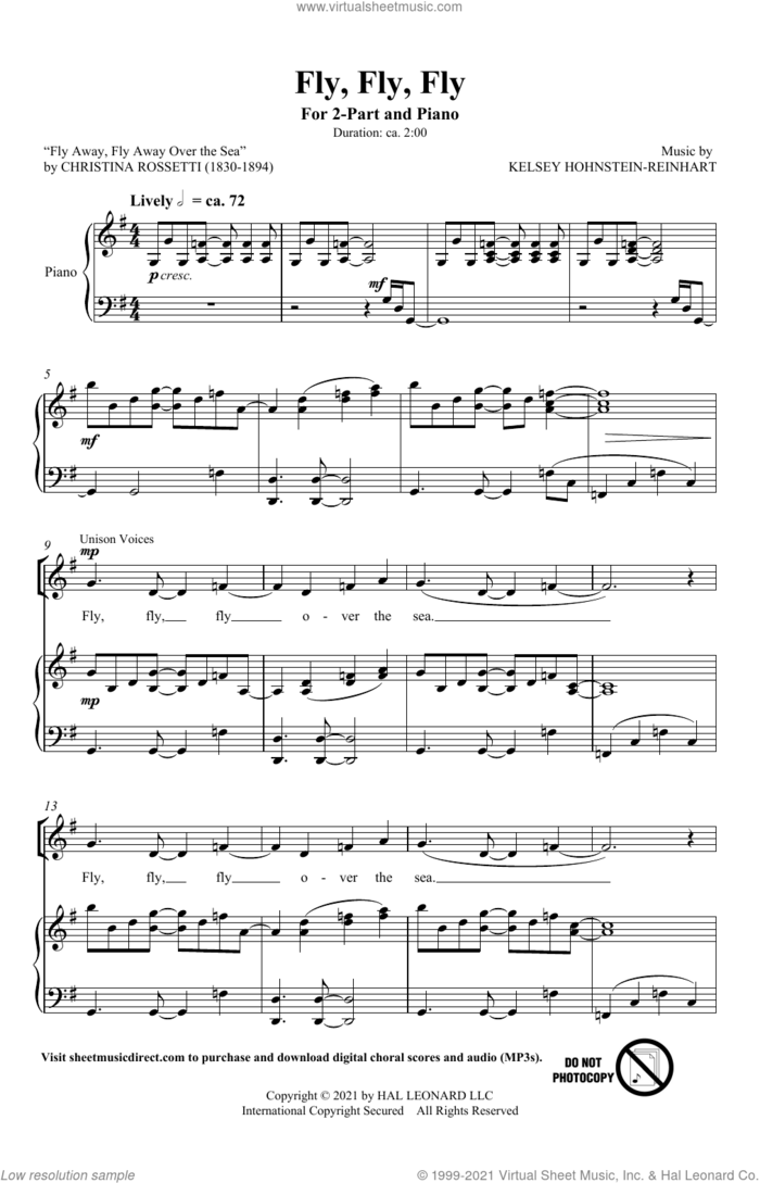 Fly, Fly, Fly sheet music for choir (2-Part) by Christina Rossetti and Kelsey Hohnstein-Reinhart, intermediate duet