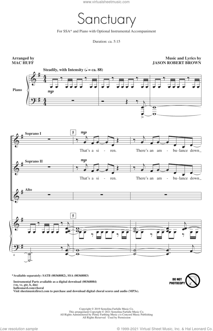 Sanctuary (arr. Mac Huff) sheet music for choir (SSA: soprano, alto) by Jason Robert Brown and Mac Huff, intermediate skill level
