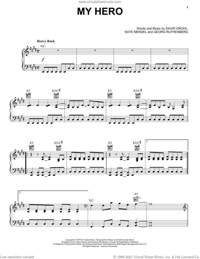 My Hero sheet music for voice, piano or guitar by Foo Fighters, Dave Grohl, Georg Ruthenberg and Nate Mendel, intermediate skill level