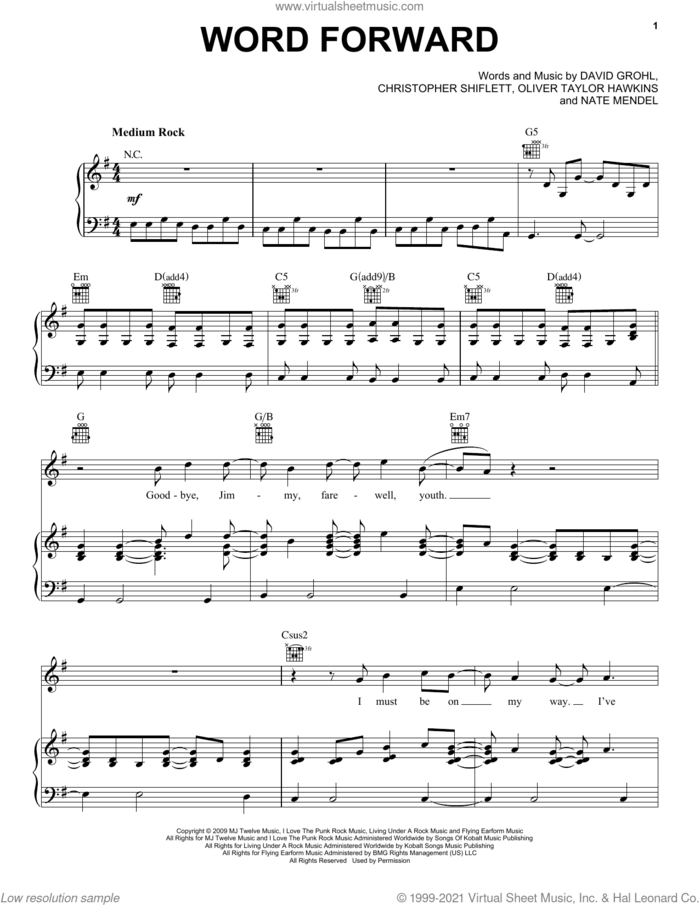 Word Forward sheet music for voice, piano or guitar by Foo Fighters, Christopher Shiflett, Dave Grohl, Nate Mendel and Oliver Taylor Hawkins, intermediate skill level