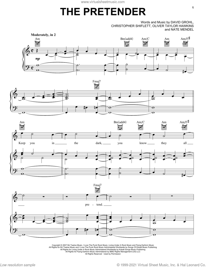 The Pretender sheet music for voice, piano or guitar by Foo Fighters, Christopher Shiflett, Dave Grohl, Nate Mendel and Oliver Taylor Hawkins, intermediate skill level