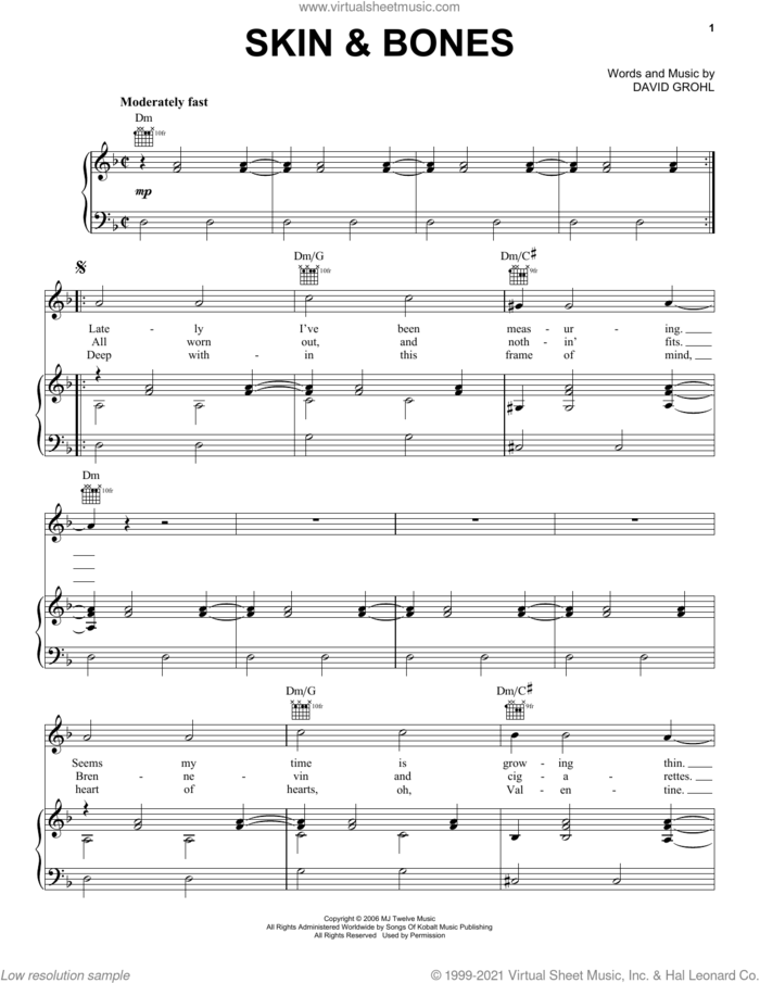 Skin and Bones sheet music for voice, piano or guitar by Foo Fighters and Dave Grohl, intermediate skill level