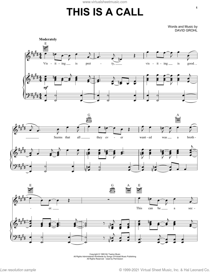 This Is A Call sheet music for voice, piano or guitar by Foo Fighters and Dave Grohl, intermediate skill level