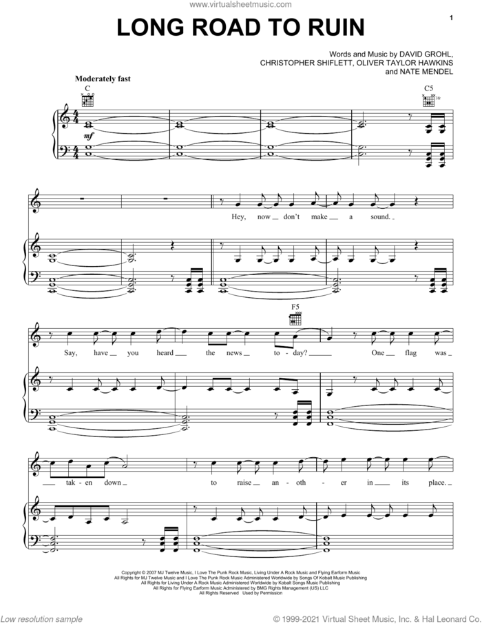 Long Road To Ruin sheet music for voice, piano or guitar by Foo Fighters, Christopher Shiflett, Dave Grohl, Nate Mendel and Oliver Taylor Hawkins, intermediate skill level