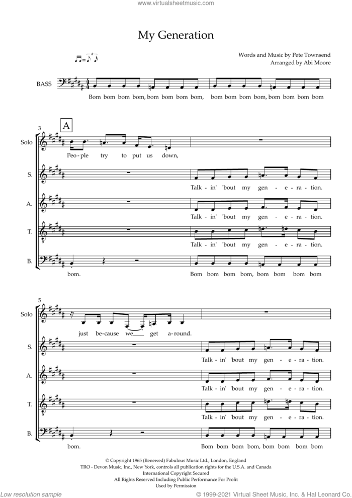 My Generation (arr. Abi Moore) sheet music for choir (SAATB) by The Who, Abi Moore and Pete Townshend, intermediate skill level