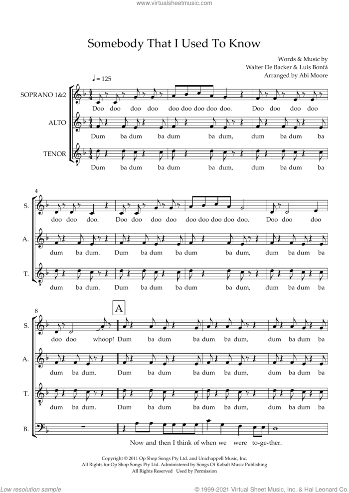Somebody That I Used To Know (feat. Kimbra) (arr. Abi Moore) sheet music for choir (SSATB) by Gotye, Abi Moore, Luiz Bonfa and Walter De Backer, intermediate skill level