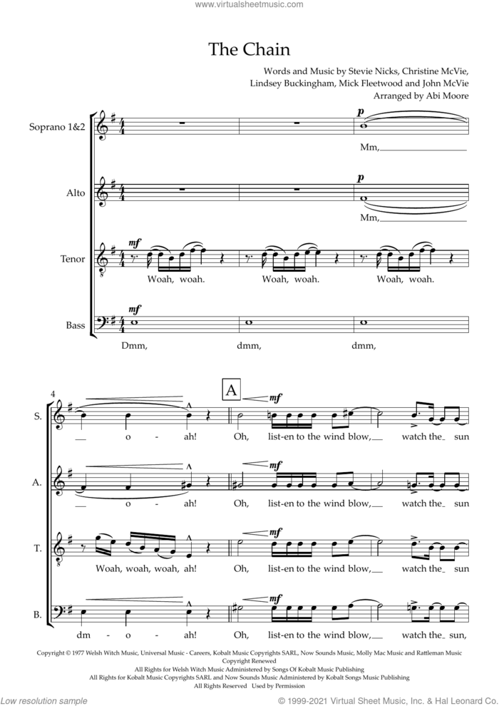 The Chain (arr. Abi Moore) sheet music for choir (SAATB) by Fleetwood Mac, Abi Moore, Christine McVie, John McVie, Lindsey Buckingham, Mick Fleetwood and Stevie Nicks, intermediate skill level