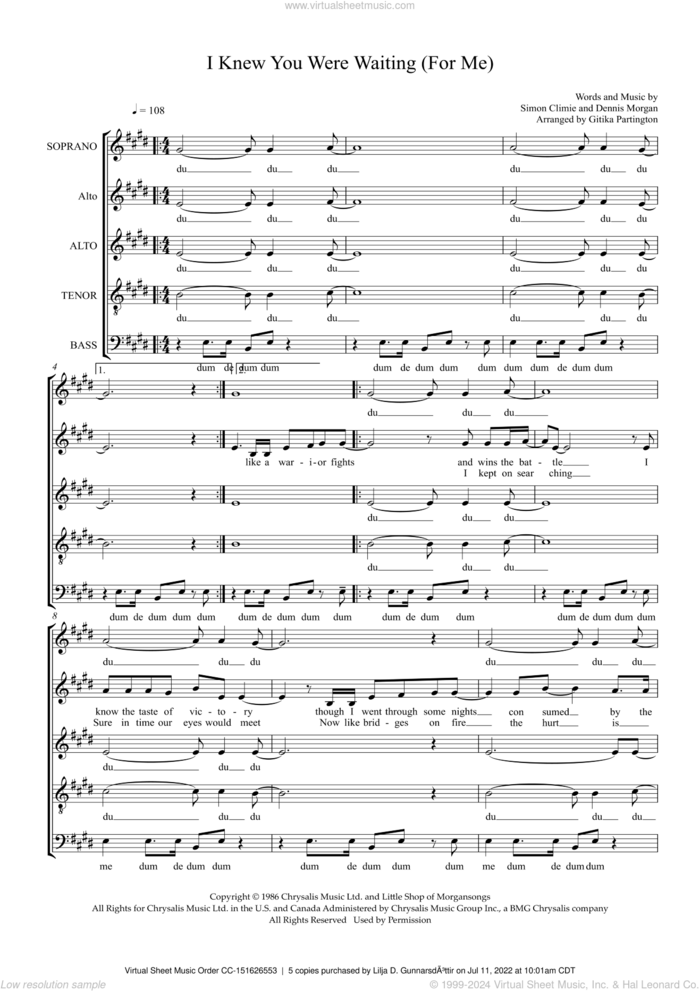 I Knew You Were Waiting (For Me) (arr. Gitika Partington) sheet music for choir (SAATB) by George Michael, Gitika Partington, Dennis Morgan and Simon Climie, intermediate skill level