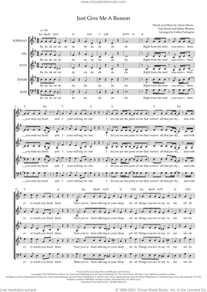 Just Give Me a Reason (feat. Nate Ruess) (arr. Gitika Partington) sheet music for choir (SAATB) by Jeff Bhasker, Gitika Partington, Miscellaneous, Alecia Moore and Nate Ruess, intermediate skill level