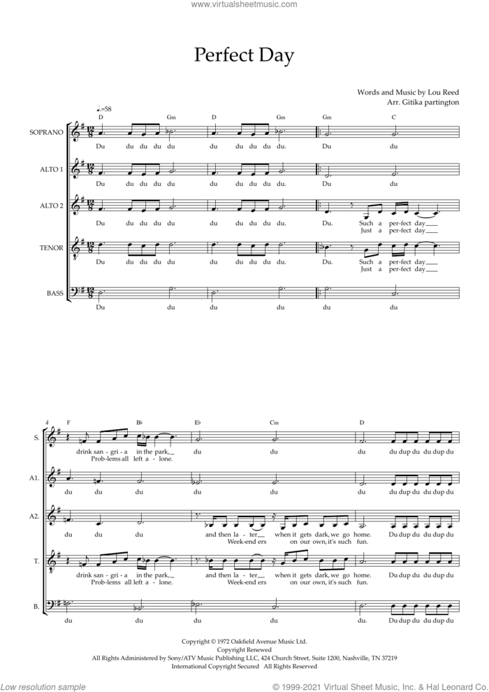 Perfect Day (arr. Gitika Partington) sheet music for choir (SAATB) by Lou Reed and Gitika Partington, intermediate skill level