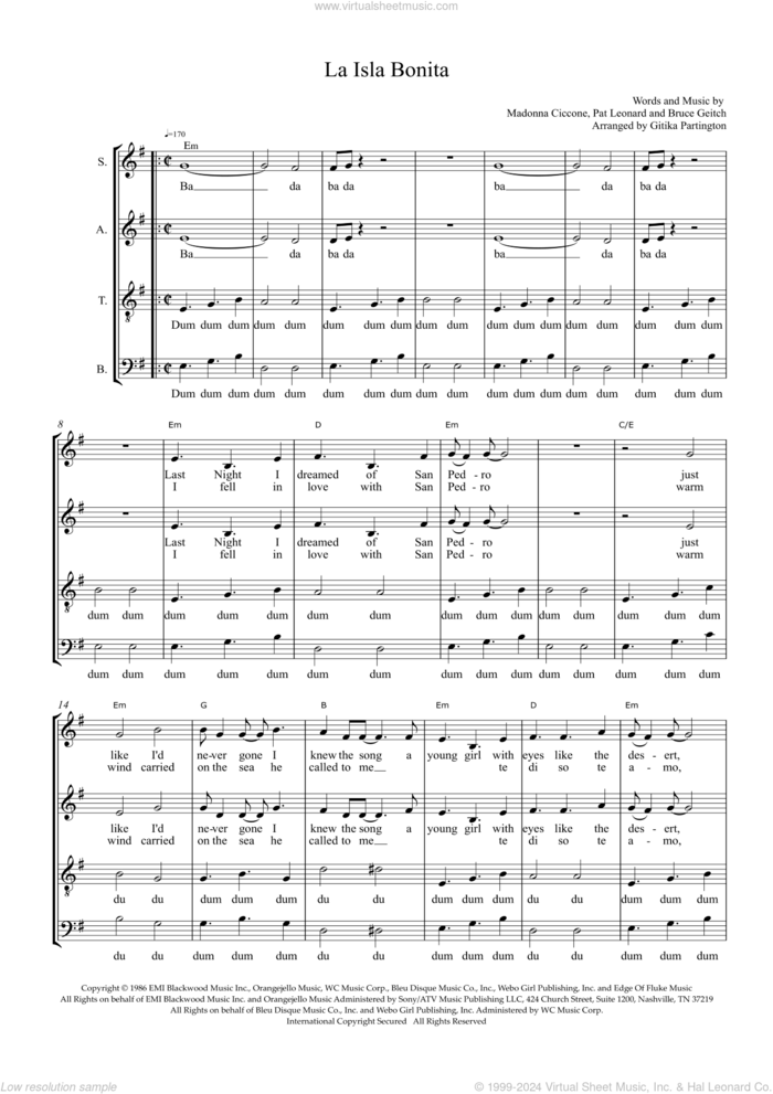 La Isla Bonita (arr. Gitika Partington) sheet music for choir (SAATB) by Madonna, Gitika Partington, Bruce Geitch and Patrick Leonard, intermediate skill level