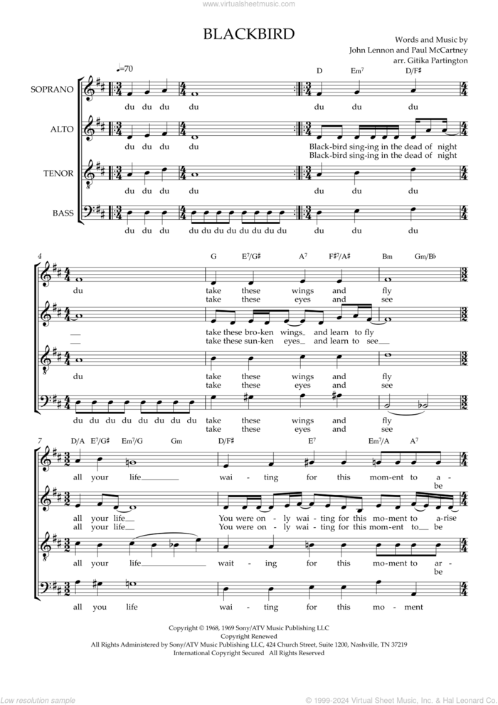 Blackbird (arr. Gitika Partington) sheet music for choir (SATB: soprano, alto, tenor, bass) by The Beatles, Gitika Partington, John Lennon and Paul McCartney, intermediate skill level