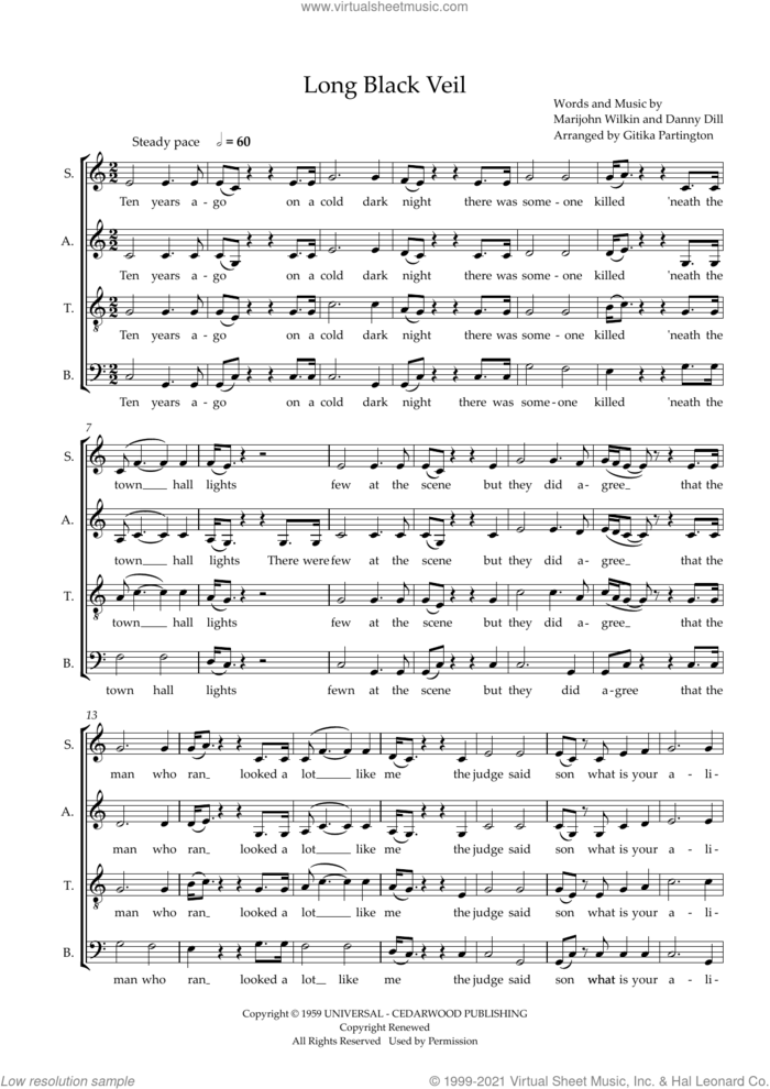 The Long Black Veil (arr. Gitika Partington) sheet music for choir (SATB: soprano, alto, tenor, bass) by Johnny Cash, Gitika Partington, Danny Dill and Marijohn Wilkin, intermediate skill level