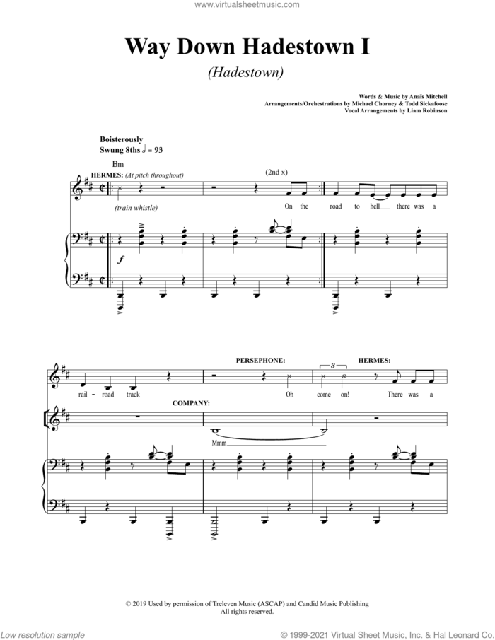 Way Down Hadestown I (from Hadestown) sheet music for voice and piano by Anais Mitchell, intermediate skill level