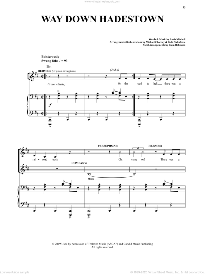 Way Down Hadestown I (from Hadestown) sheet music for voice and piano by Anais Mitchell, intermediate skill level