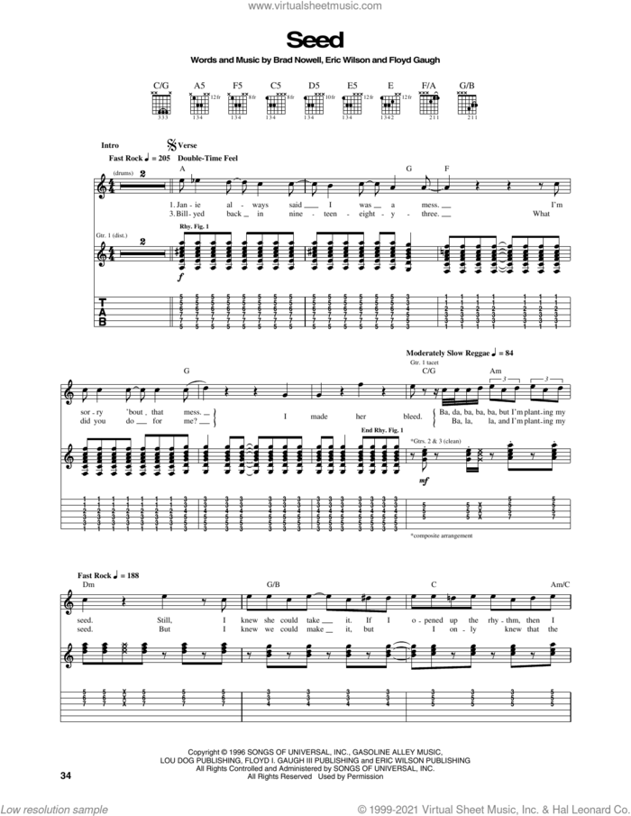 Seed sheet music for guitar (tablature) by Sublime, Brad Nowell, Eric Wilson and Floyd Gaugh, intermediate skill level