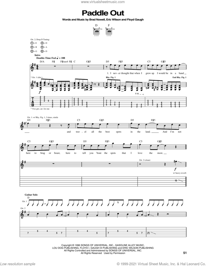 Paddle Out sheet music for guitar (tablature) by Sublime, Brad Nowell, Eric Wilson and Floyd Gaugh, intermediate skill level