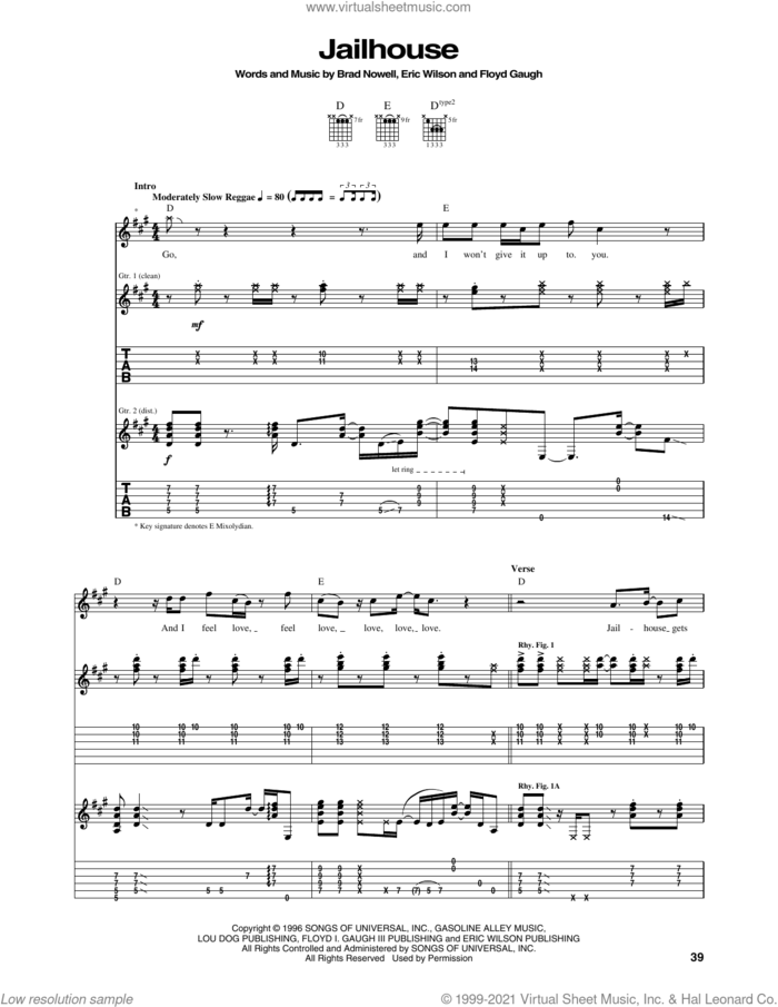 Jailhouse sheet music for guitar (tablature) by Sublime, Brad Nowell, Eric Wilson and Floyd Gaugh, intermediate skill level