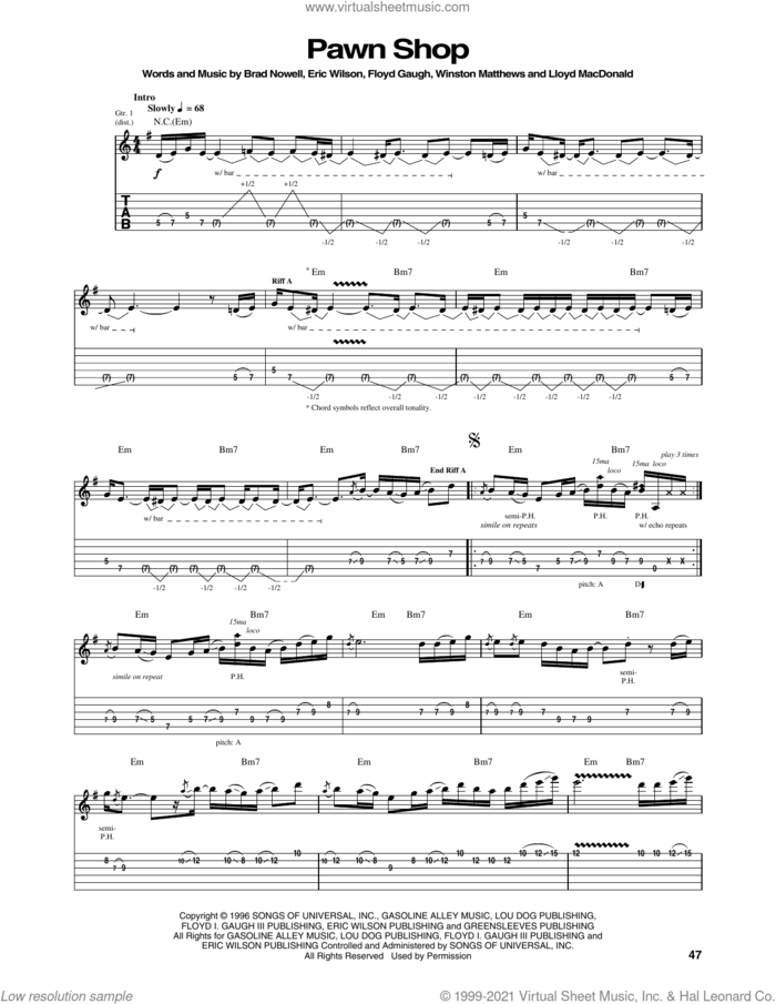 Pawn Shop sheet music for guitar (tablature) by Sublime, Brad Nowell, Eric Wilson and Floyd Gaugh, intermediate skill level