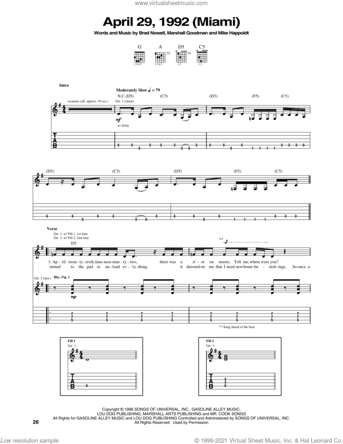 April 29, 1992 (Miami) sheet music for guitar (tablature) by Sublime, Brad Nowell, Lawrence Krsone Parker, Marshall Goodman and Mike Happoldt, intermediate skill level