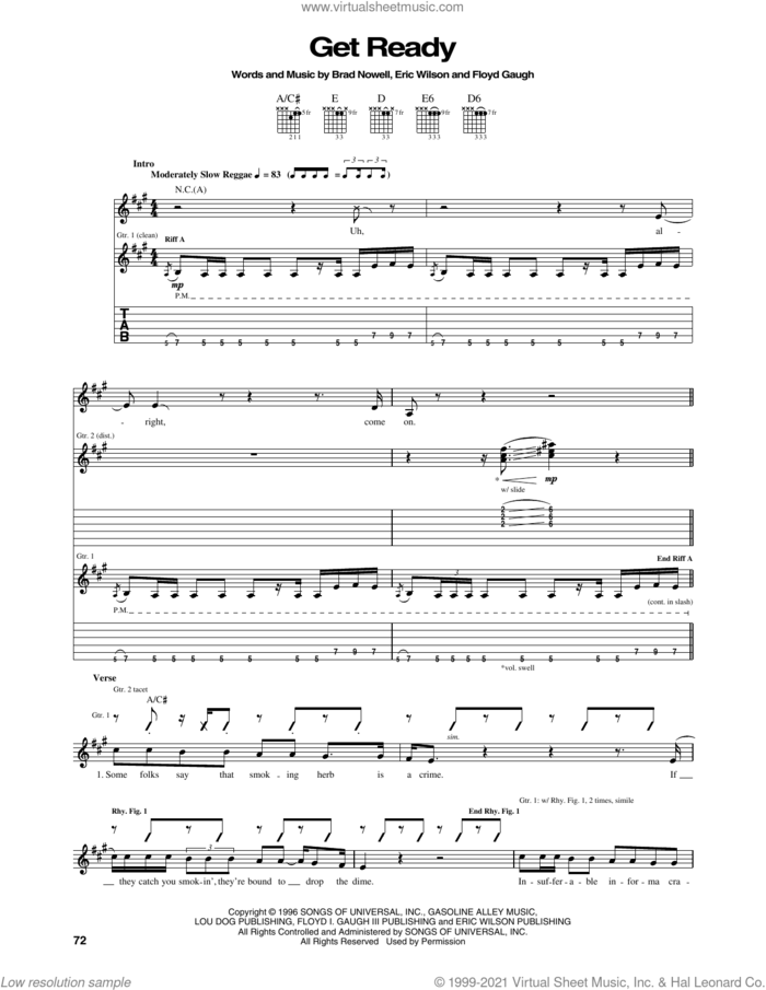 Get Ready sheet music for guitar (tablature) by Sublime, Brad Nowell, Eric Wilson and Floyd Gaugh, intermediate skill level