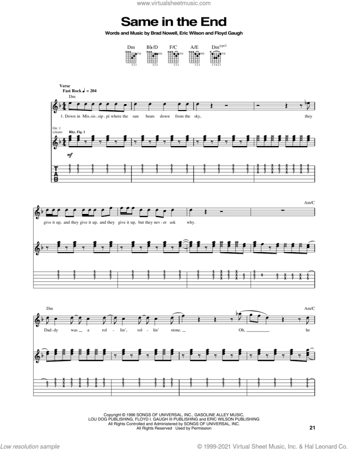 Same In The End sheet music for guitar (tablature) by Sublime, Brad Nowell, Eric Wilson and Floyd Gaugh, intermediate skill level