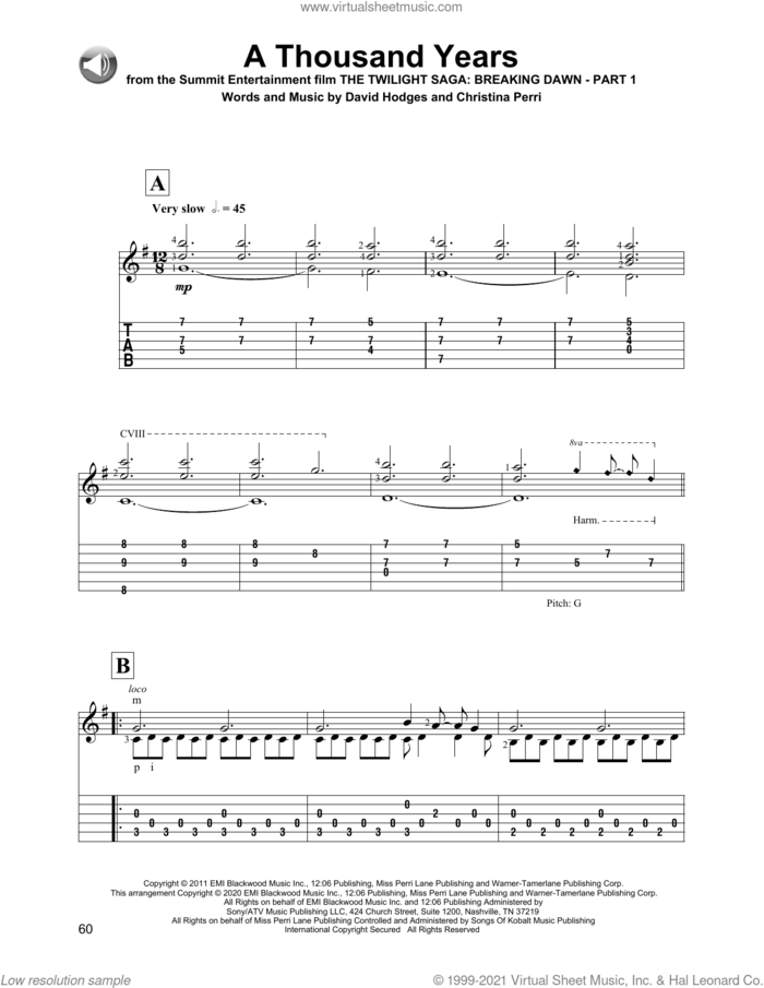 A Thousand Years sheet music for guitar solo by Christina Perri and David Hodges, wedding score, intermediate skill level