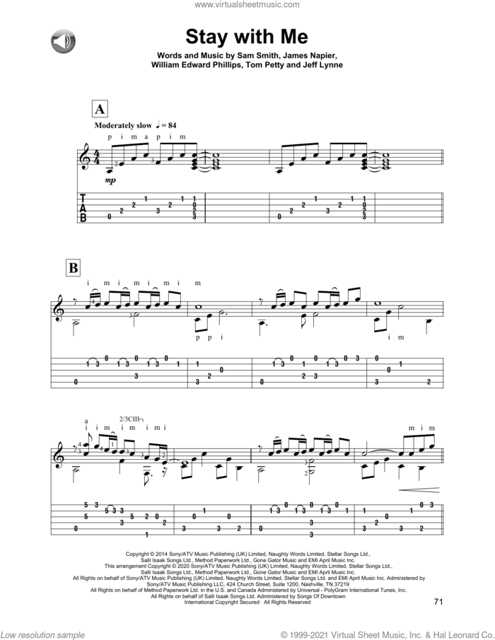 Stay With Me sheet music for guitar solo by Sam Smith, James Napier, Jeff Lynne, Tom Petty and William Edward Phillips, intermediate skill level