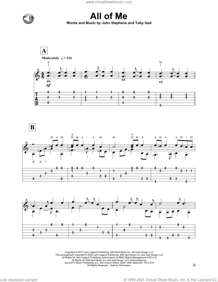 All Of Me sheet music for guitar solo by John Legend, John Stephens and Toby Gad, intermediate skill level