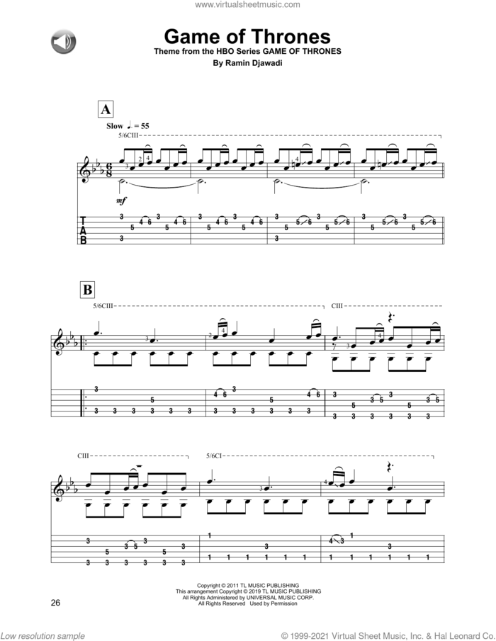 Game Of Thrones sheet music for guitar solo by Ramin Djawadi, intermediate skill level