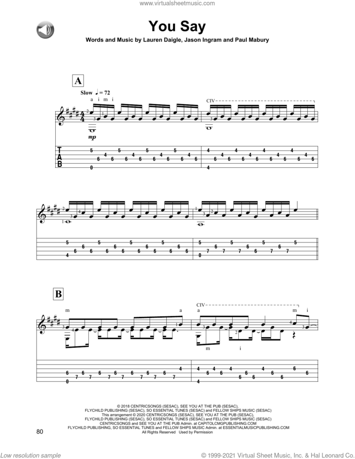You Say sheet music for guitar solo by Lauren Daigle, Jason Ingram and Paul Mabury, intermediate skill level