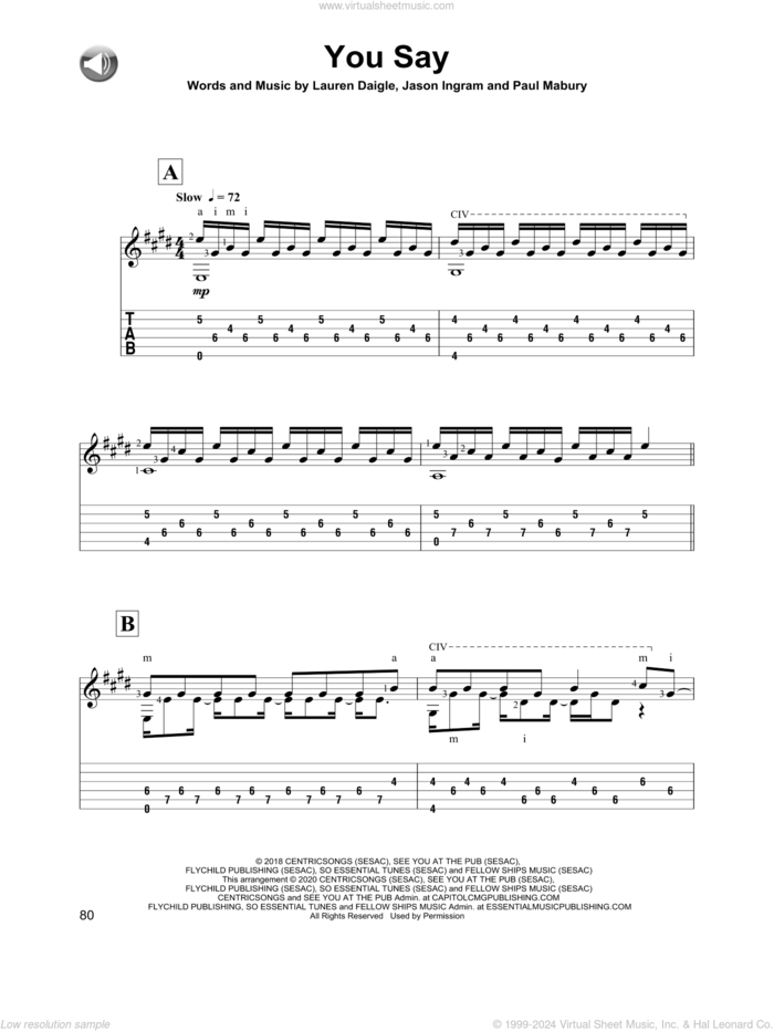 You Say sheet music for guitar solo by Lauren Daigle, Jason Ingram and Paul Mabury, intermediate skill level