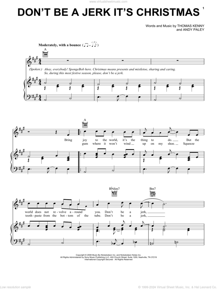Don't Be A Jerk It's Christmas (from SpongeBob SquarePants) sheet music for voice, piano or guitar by Andy Paley and Thomas Kenny, intermediate skill level