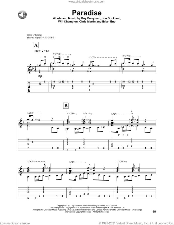 Paradise sheet music for guitar solo by Coldplay, Brian Eno, Chris Martin, Guy Berryman, Jon Buckland and Will Champion, intermediate skill level