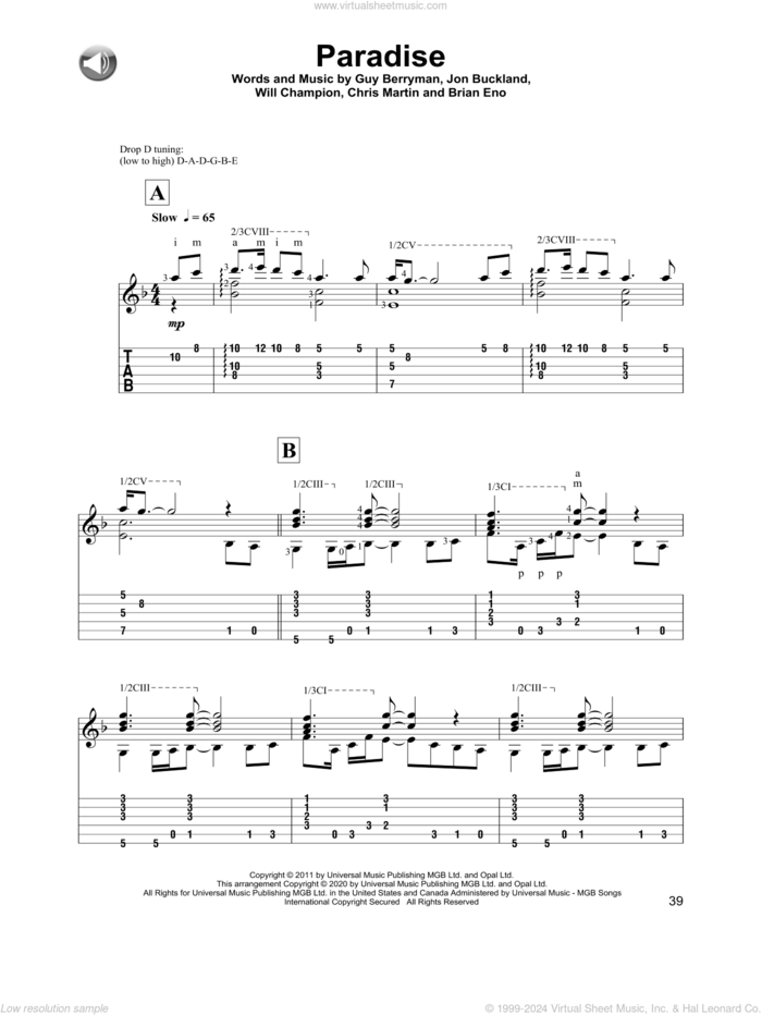 Paradise sheet music for guitar solo by Coldplay, Brian Eno, Chris Martin, Guy Berryman, Jon Buckland and Will Champion, intermediate skill level