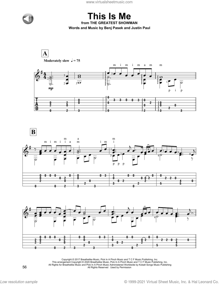 This Is Me (from The Greatest Showman) sheet music for guitar solo by Pasek & Paul, Benj Pasek and Justin Paul, intermediate skill level