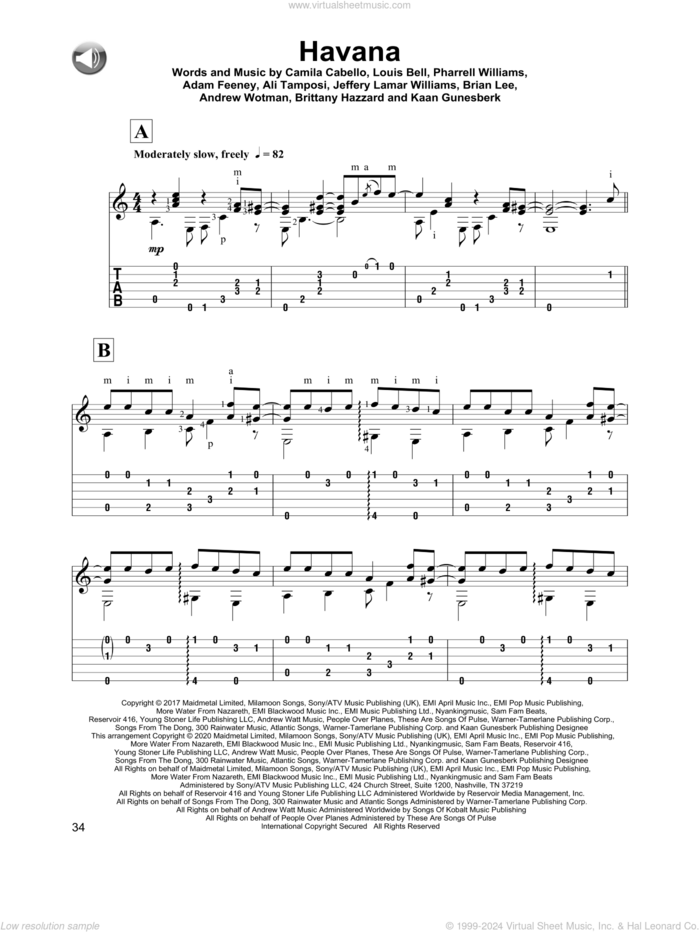 Havana (feat. Young Thug), (intermediate) sheet music for guitar solo by Camila Cabello, Adam Feeney, Ali Tamposi, Andrew Wotman, Brian Lee, Brittany Hazzard, Jeffery Lamar Williams, Kaan Gunesberk, Louis Bell and Pharrell Williams, intermediate skill level