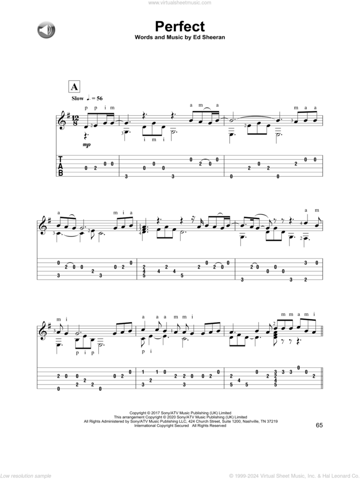 Perfect, (intermediate) sheet music for guitar solo by Ed Sheeran, intermediate skill level